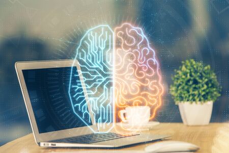 Double exposure of table with computer and brain hologram. Data innovation concept.の写真素材