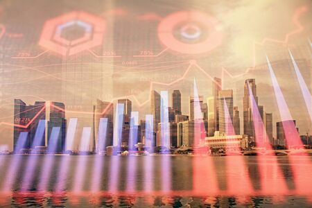 Forex chart on cityscape with tall buildings background multi exposure. Financial research concept.