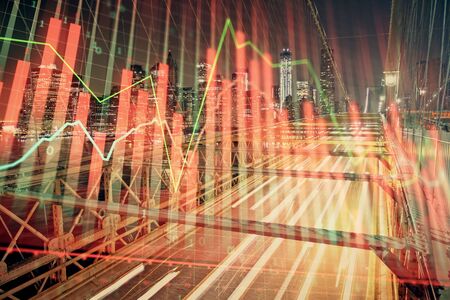Forex chart on cityscape with tall buildings background multi exposure. Financial research concept.