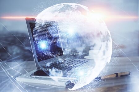 Multi exposure of business theme icons and work space with computer background. Concept of success.の写真素材