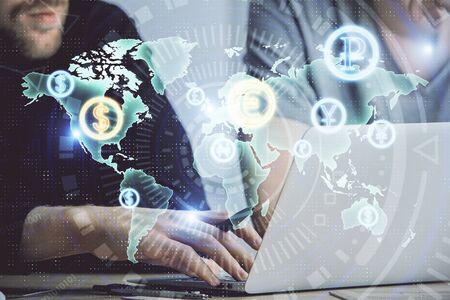 Forex graph with businessman typing on computer in office on background. Concept of analysis. Double...