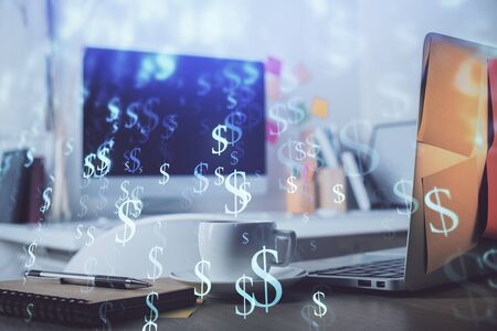 Stock market graph on background with desk and personal computer. Double exposure. Concept of financial analysis.の写真素材