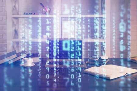 Technology theme drawing and work space with computer. Multi exposure. Concept of innovation.の写真素材