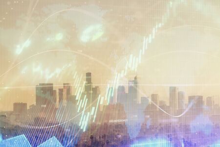 Forex chart on cityscape with skyscrapers wallpaper multi exposure. Financial research concept.の写真素材