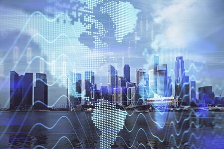 Forex chart on cityscape with tall buildings background multi exposure. Financial research concept.