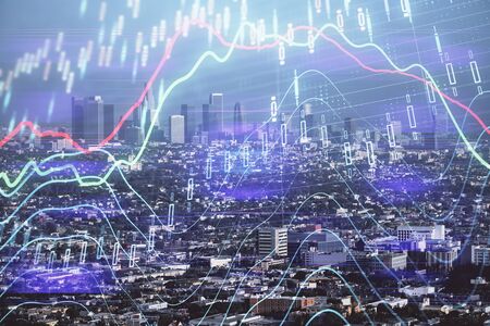 Forex chart on cityscape with skyscrapers wallpaper double exposure. Financial research concept.