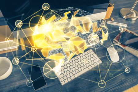 Double exposure of table with computer and brain hologram. Data innovation concept.の写真素材