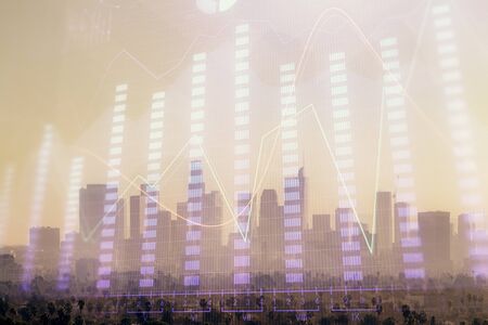 Forex chart on cityscape with skyscrapers wallpaper multi exposure. Financial research concept.の写真素材