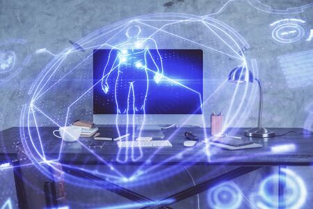 Desktop computer background and education theme drawing. Double exposure. Study concept.の写真素材