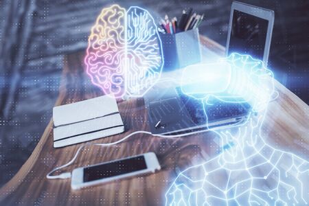 Computer on desktop with AR theme icon. Multi exposure. Concept of augmented reality.