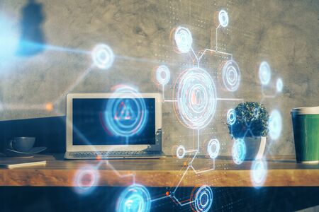 Multi exposure of computer on background and technology theme drawing. Concept of innovation.の写真素材