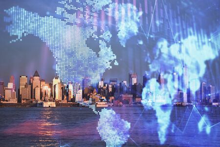 Forex chart on cityscape with skyscrapers wallpaper multi exposure. Financial research concept.の写真素材