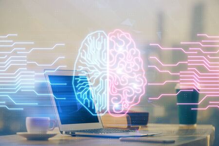 Double exposure of work table with computer and brain sketch hologram. Brainstorming concept.の写真素材