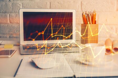 Multi exposure of forex chart and work space with computer. Concept of international online trading.の写真素材