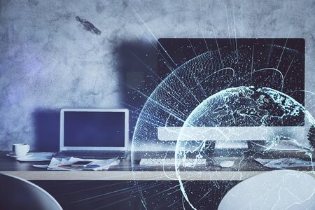 Computer on desktop with social network theme icon. Multi exposure. Concept of international connections.の写真素材