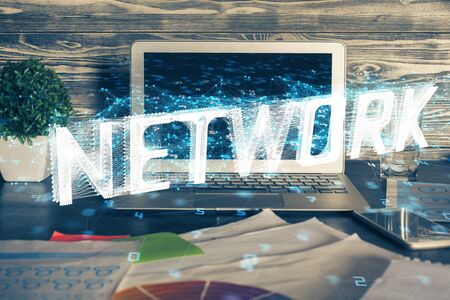 Technology theme drawing and table with computer. Multi exposure. Concept of information.の写真素材