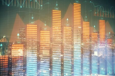 Financial graph on night city scape with tall buildings background multi exposure. Analysis concept.