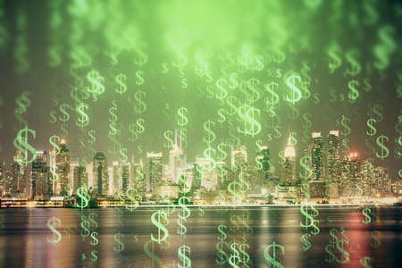 Financial graph on night city scape with tall buildings background multi exposure. Analysis concept.の写真素材
