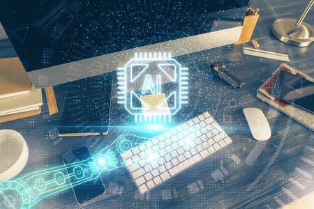 Technology theme drawing and table with computer. Double exposure. Concept of information.