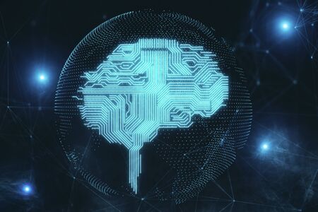 Digital glowing brain on blurry background. AI and cyberspace concept. 3D Renderingの写真素材
