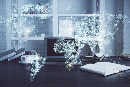 Computer on desktop with social network theme icon. Multi exposure. Concept of international...