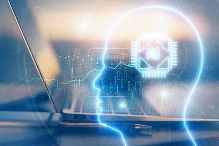 Multi exposure of work table with computer and brain hologram. Brainstorm concept.