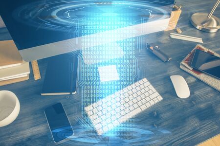 Technology theme drawing and table with computer. Double exposure. Concept of information.