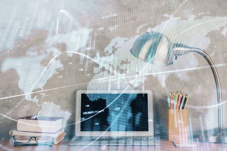 Multi exposure of graph and financial info and work space with computer background. Concept of international online trading.の写真素材