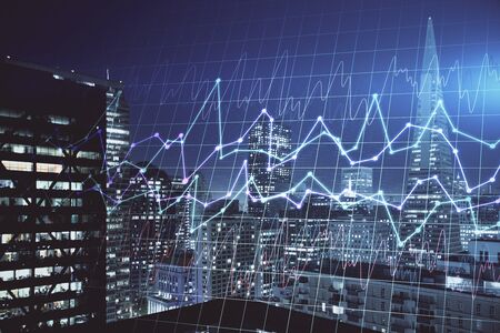 Financial graph on night city scape with tall buildings background multi exposure. Analysis concept.