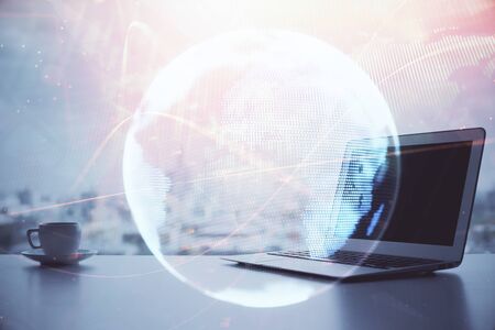 Multi exposure of business theme icons and work space with computer background. Concept of success.の写真素材