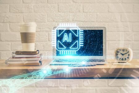 Technology theme drawing and table with computer. Double exposure. Concept of information.の写真素材