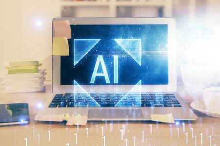 Technology theme drawing and table with computer. Double exposure. Concept of information.の写真素材