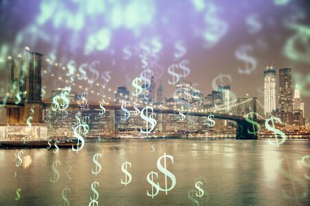 Financial chart on city scape with tall buildings background multi exposure. Analysis concept.の写真素材