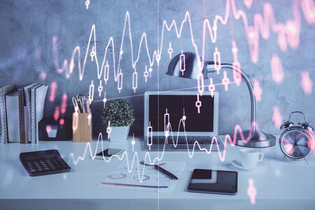 Multi exposure of forex graph and work space with computer. Concept of international online trading.の写真素材