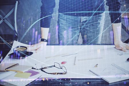 Multi exposure of man standing and planing investment with stock market forex chart background. Concept of research and trading.の写真素材
