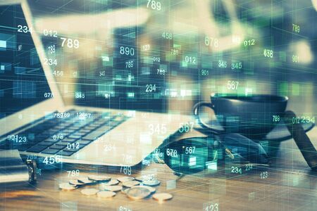 Double exposure of computer and technology theme hologram. Concept of freelance work.の写真素材