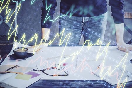 Multi exposure of man standing and planing investment with stock market forex chart background. Concept of research and trading.の写真素材