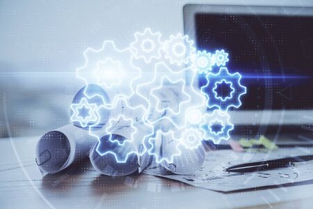 Multi exposure of business theme icons and table with computer background. Concept of success.の写真素材