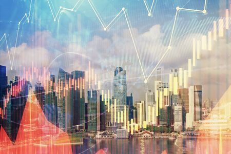 Forex chart on cityscape with skyscrapers wallpaper multi exposure. Financial research concept.