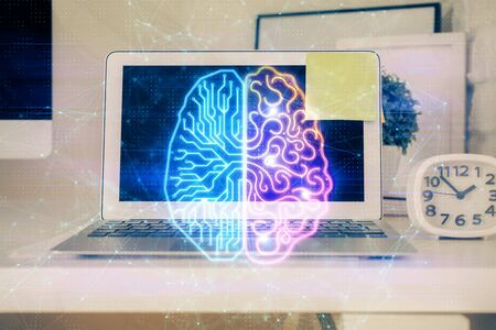 Double exposure of work table with computer and brain sketch hologram. Brainstorming concept.