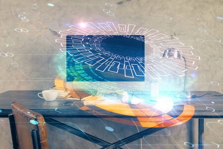 Technology theme drawing and table with computer. Double exposure. Concept of information.の写真素材