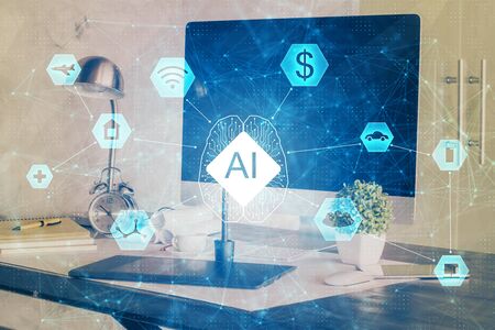 Double exposure of computer and technology theme hologram. Concept of freelance work.の写真素材