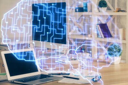Double exposure of work table with computer and brain sketch hologram. Brainstorming concept.