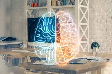 Double exposure of work table with computer and brain sketch hologram. Brainstorming concept.の写真素材