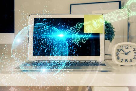 Technology theme drawing and work space with computer. Double exposure. Concept of innovation.の写真素材