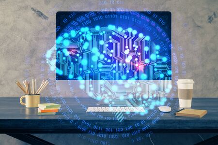Double exposure of table with computer and brain hologram. Data innovation concept.
