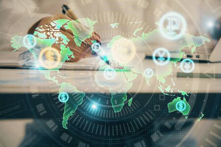 Double exposure of woman's hands making notes with forex graph hologram. Concept technical analysis.
