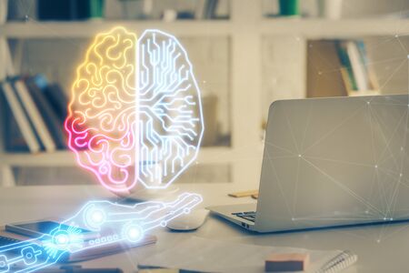 Double exposure of work table with computer and brain sketch hologram. Brainstorming concept.の写真素材