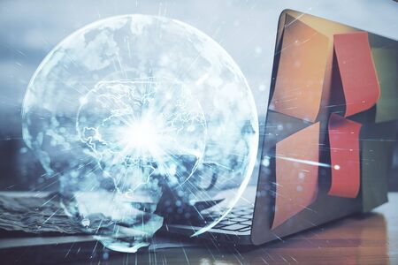 Multi exposure of business theme icons and work space with computer background. Concept of success.の写真素材