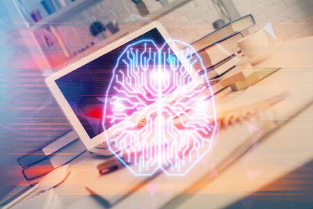 Double exposure of work table with computer and brain sketch hologram. Brainstorming concept.の写真素材